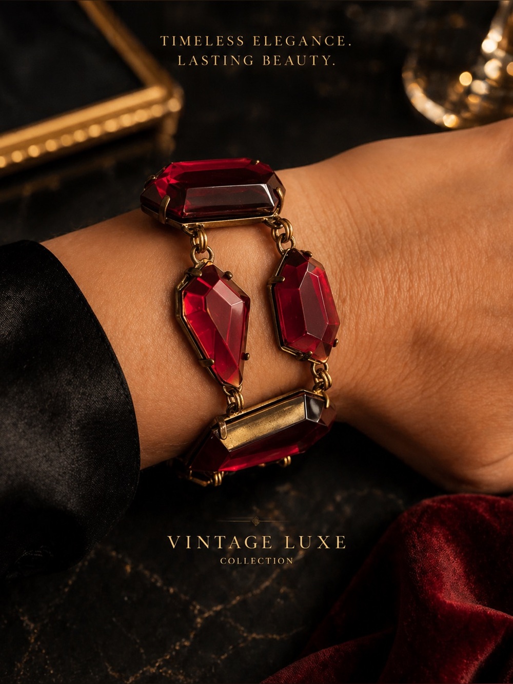 Vintage Ruby Red Faceted Art-Deco Statement Bracelet w/T-Bar Toggle Clasp